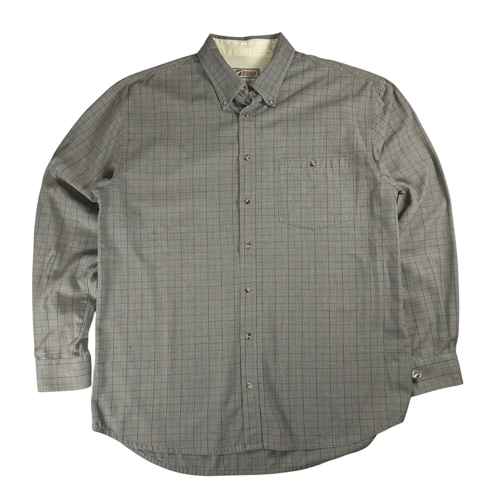 Road Mens XL Grey Windowpane Plaid Long‎ Sleeve Button Down Shirt Polyester